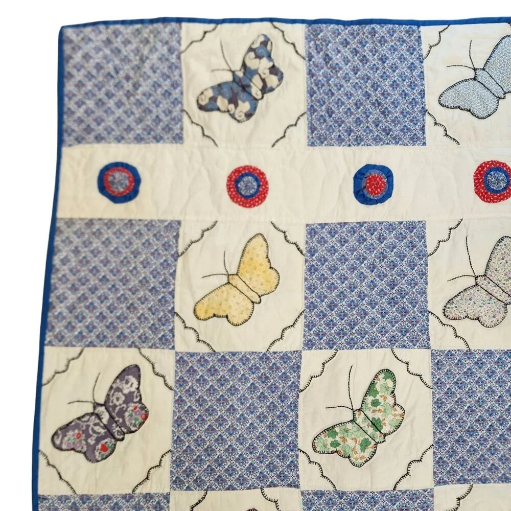 Vintage Handmade Yo Yo Embroidered Butterflies Quilt Blue 41